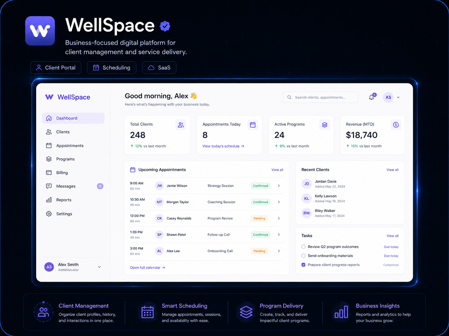 WellSpace — client management and scheduling dashboard